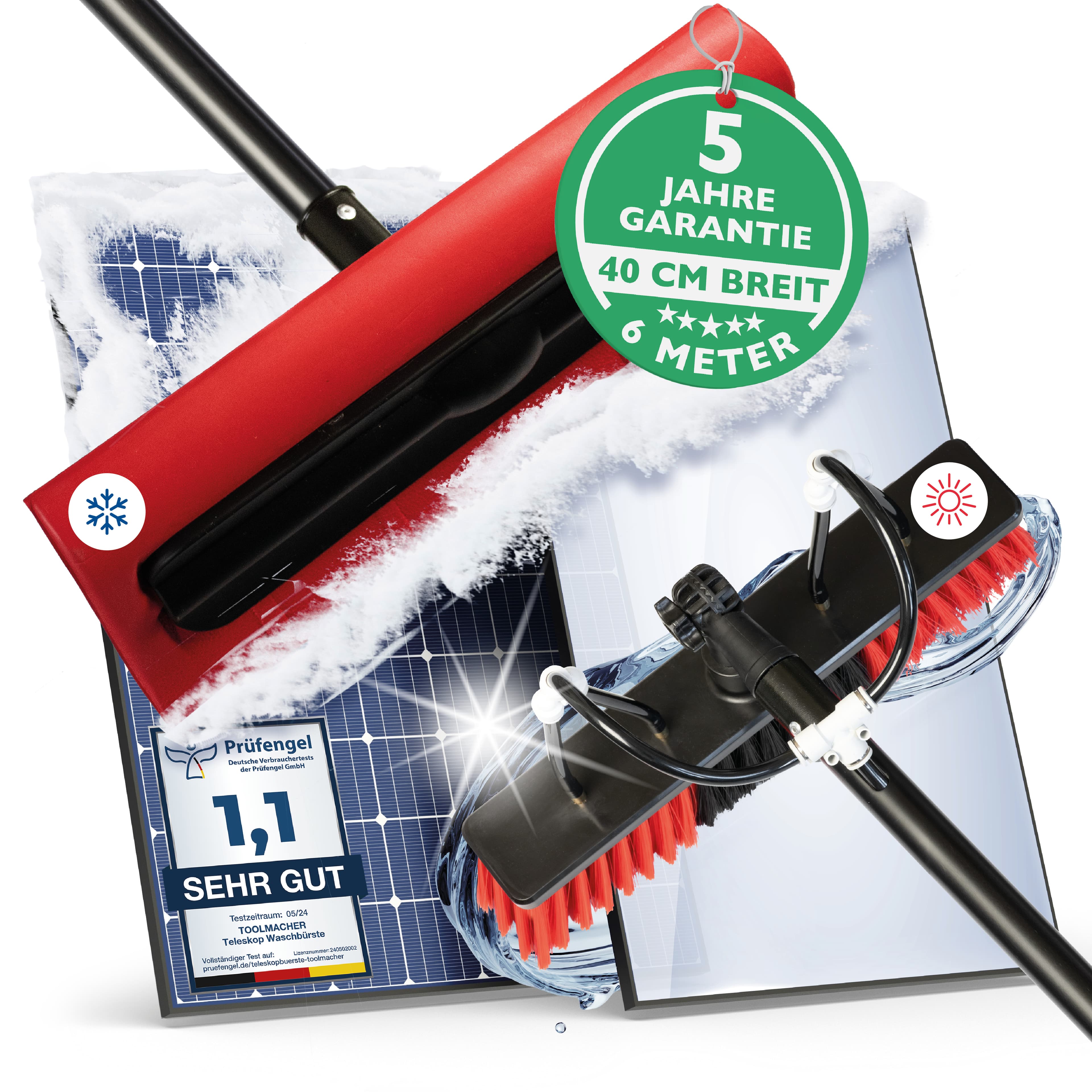 Der Photovoltaik Schneeschieber mit bis zu 10 m Teleskopstange